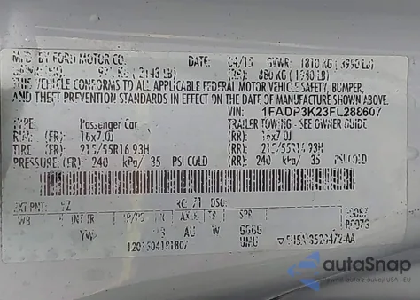 2015 Ford Focus Se from USA, damaged, VIN 1FADP3K23FL288607